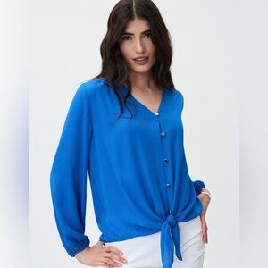 Joseph Ribkoff Blue Oasis Top Blouse Sash Knot Button Down Georgette Fabric 4